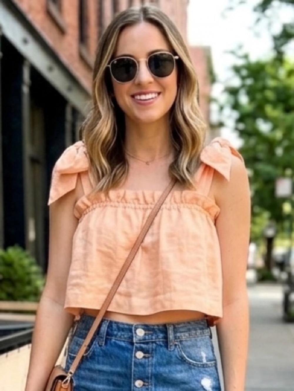 J. Crew 100% Linen Romantic Feminine Peach Ruffle Bow Strap Cropped Top